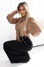 Biznesowa bluzka z długim rękawem, wiązaniem i guzikami — Mocha mousse
