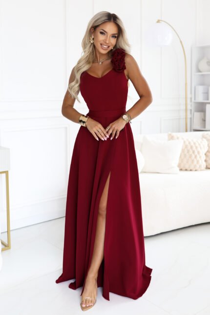 Wieczorowa sukienka maxi z różami — Bordo