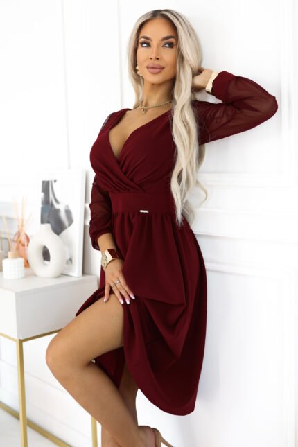 Sukienka midi z tiulowymi rękawami — Bordo