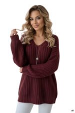 Sweter oversize z dekoltem V — Bordowy