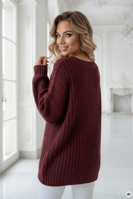 Sweter oversize z dekoltem V — Bordowy