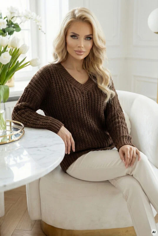 Sweter z dekoltem V — Czekoladowy