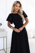 Rozkloszowana sukienka Mirella maxi z cekinowymi rękawami — Czerń