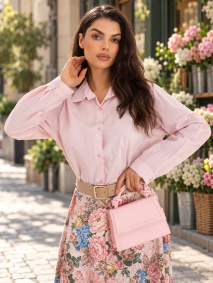 Bawełniana koszula z długim rękawem — Jasny róż