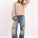 Sweter polo z bufiastymi rękawami — Beż