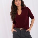 Sweter polo z krótkim rękawem i baby alpaką — Bordo