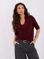 Sweter polo z krótkim rękawem i baby alpaką — Bordo