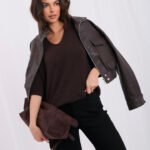 Sweter polo z krótkim rękawem i baby alpaką — Ciemny brąz