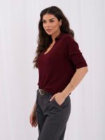 Sweter polo z krótkim rękawem i baby alpaką — Bordo