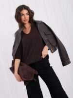 Sweter polo z krótkim rękawem i baby alpaką — Ciemny brąz