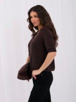 Sweter polo z krótkim rękawem i baby alpaką — Ciemny brąz