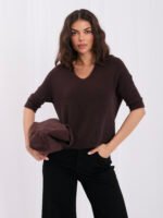 Sweter polo z krótkim rękawem i baby alpaką — Ciemny brąz